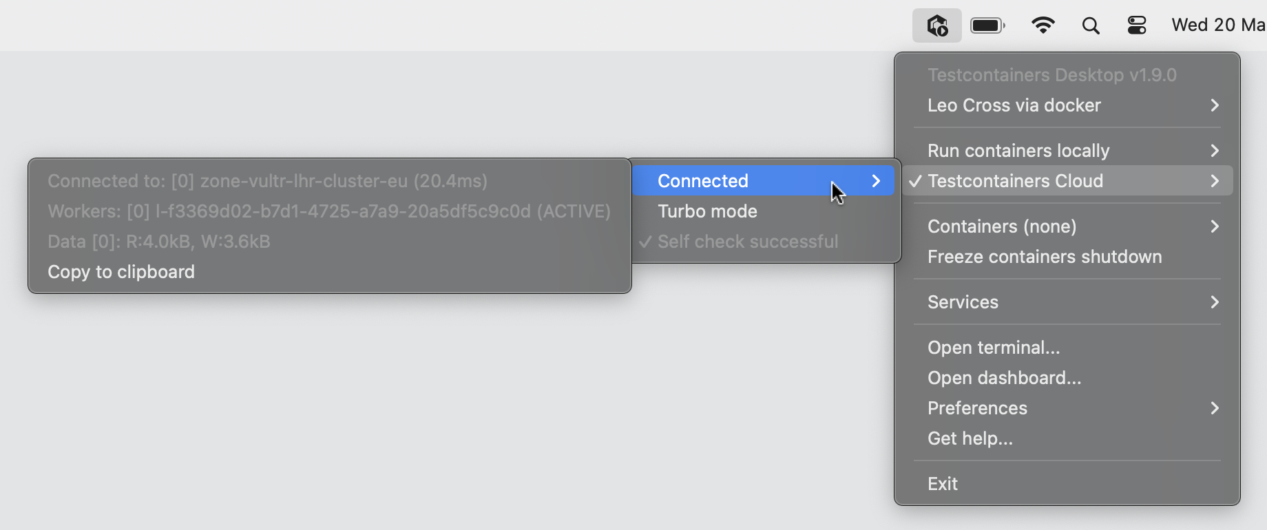 Testcontainers Desktop cloud connection status - active